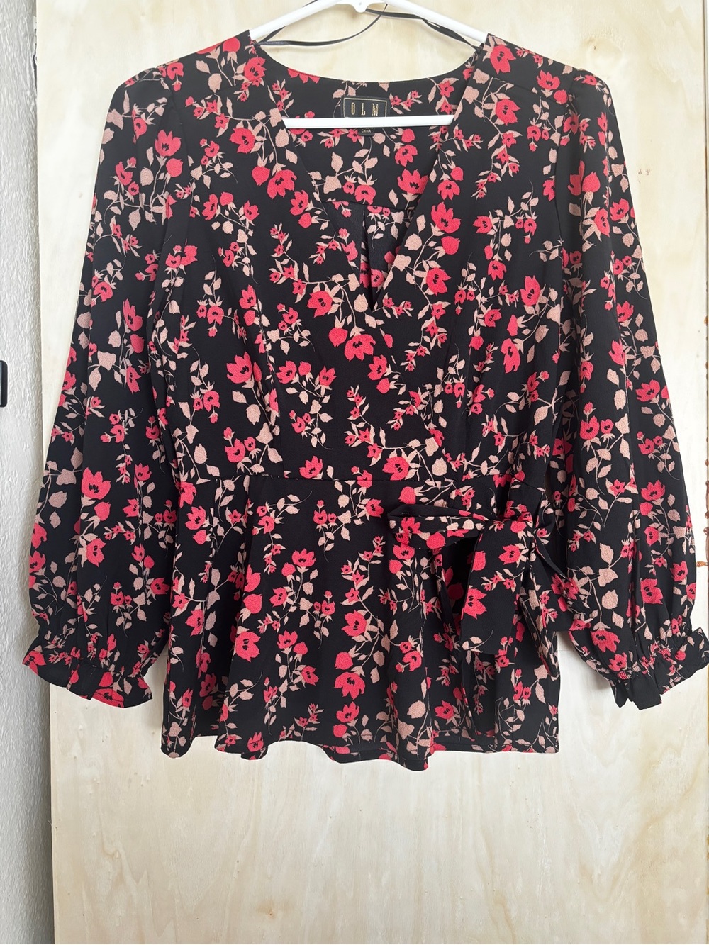 Wrap-Style Floral Blouse - Black with Pink Floral